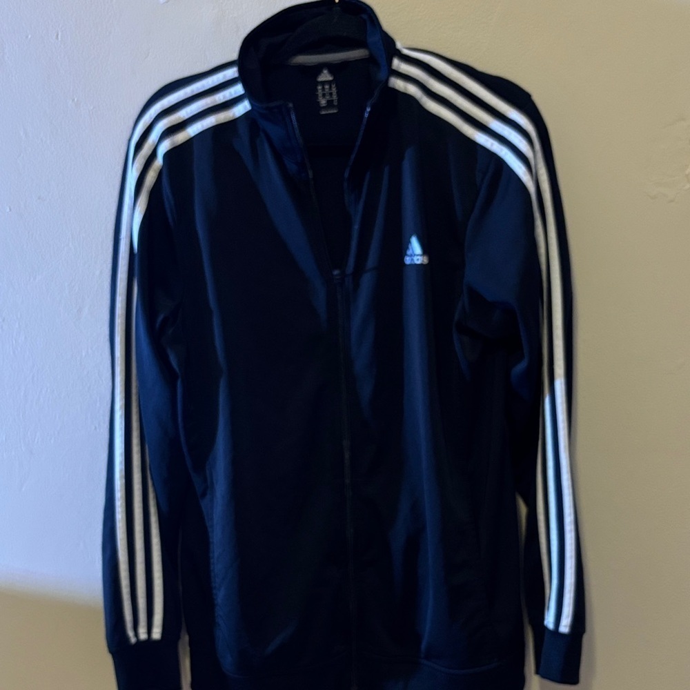 Adidas Men's Navy Windbreaker with White Stripes